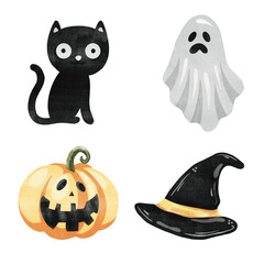 Ghost, blackbird, pumpkin and hat, illustration for Halloween 