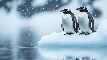 Fototapeta premium Two Gentoo penguins on a small iceberg in snowy Antarctica, looking towards the viewer.