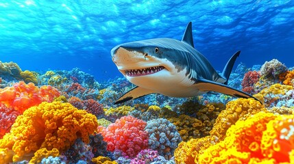 big shark in ocean waters, underwater colorful world with predator, made with Generative AI , isolated on white background,  , copy space, copy space for text,
