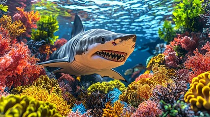 big shark in ocean waters, underwater colorful world with predator, made with Generative AI , isolated on white background,  , copy space, copy space for text,