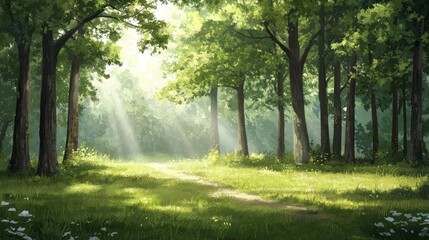 Fototapeta premium A serene forest scene with sunlight filtering through the trees, creating a peaceful and inviting atmosphere on a grassy path.