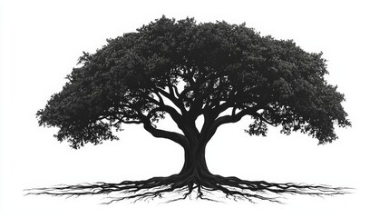 Black tree of life spreading roots and branches , isolated on white background,  , copy space, copy space for text,
