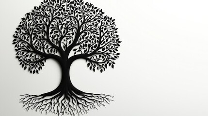 Black tree of life spreading roots and branches , isolated on white background,  , copy space, copy space for text,