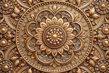 Fototapeta premium Luxurious embossed wallpaper background featuring intricate golden medallion motifs with floral and ornamental details.