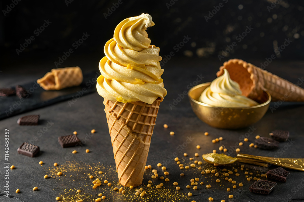 Wall mural A deliciously swirled ice cream cone topped with golden cream, surrounded by chocolate pieces and decorative sprinkles.