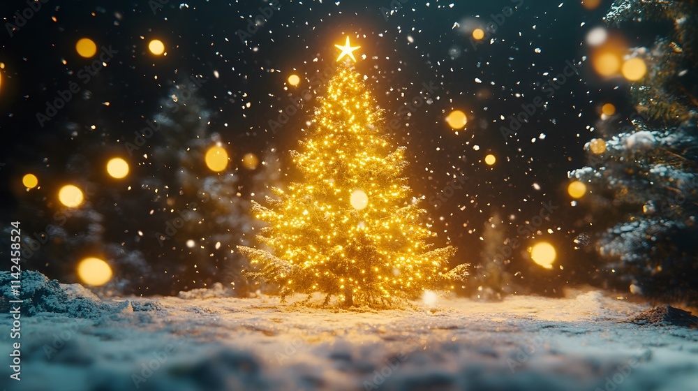 Poster a front view of a festive christmas tree glowing with warm golden light, surrounded by shimmering sn
