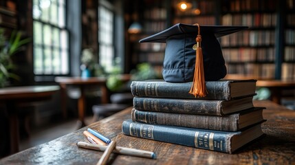 Obraz premium A graduation cap atop stacked books in a cozy library setting.