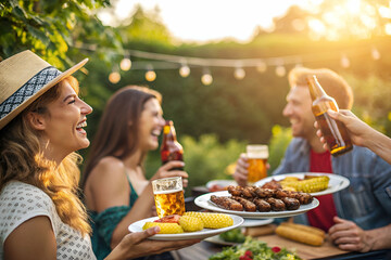 Friends enjoy a sunny outdoor gathering, sharing food and drinks, celebrating with laughter and good company.