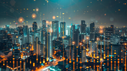 Fototapeta premium Real estate and financial chart indicators showing investment trends on city skyscrapers, with market graphs and development concepts, showcasing urban growth and business strategies in finance.