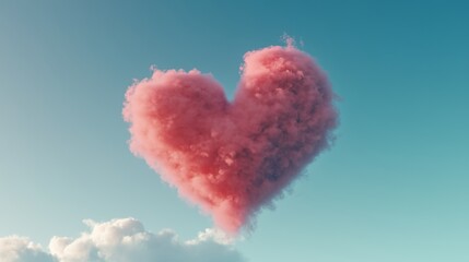 A heart-shaped pink cloud in the sky against a blue background.