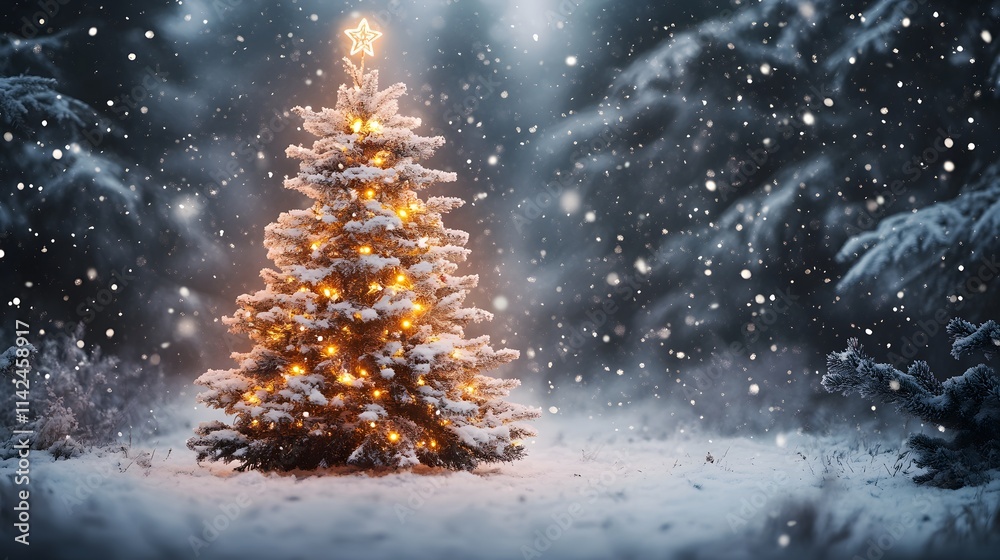 Aufkleber A front view of a Christmas tree glowing with cheerful patterns, surrounded by pure white snow glistening in the light