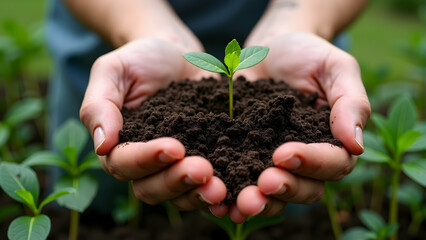 Tender hands cradle a tiny sprout emerging from rich soil, symbolizing growth, hope, and the beauty of new beginnings in nature.