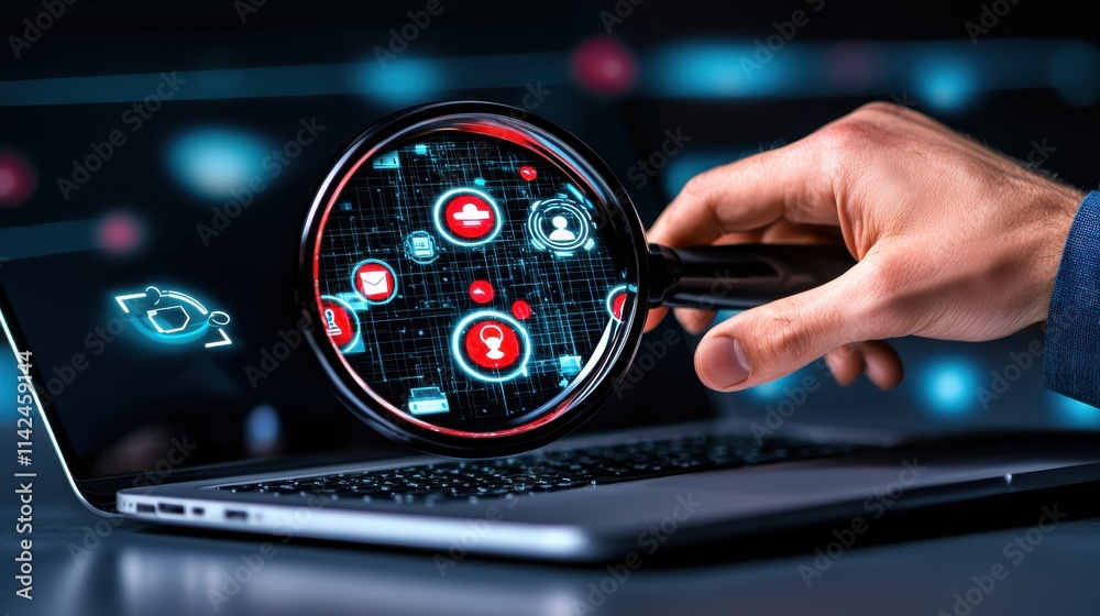 Poster futuristic digital dashboard on laptop computer screen for cybersecurity and data analytics