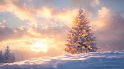 Obraz premium A front view of a festive Christmas tree glowing softly on a snow-covered hilltop, with golden sunlight streaming through the clouds