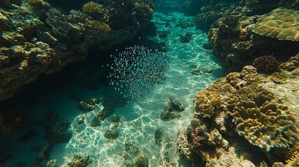 Fototapeta premium Breaking wave crashes as bubbles spread across ocean surface twirling in vortex, underwater angle , isolated on white background, , copy space, copy space for text,