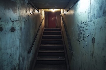 Dark, eerie basement stairs leading to a red door, surrounded by peeling walls.