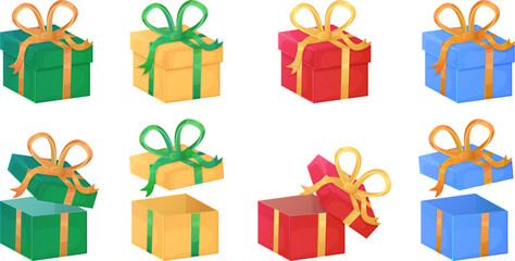 Set of colorful Christmas gift boxes in green, yellow, red, and blue with ribbons and bows. Open and closed gift boxes isolated on white background. Design for greeting card, invitation, poster
