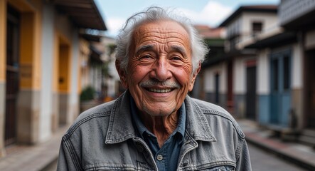 Hispanic elderly man happy wearing gray denim jacket looking on camera