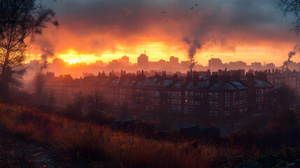 Obraz premium Dramatic Sunrise over Smoky Cityscape; Urban Row Houses, Pollution, Fog, Autumn.