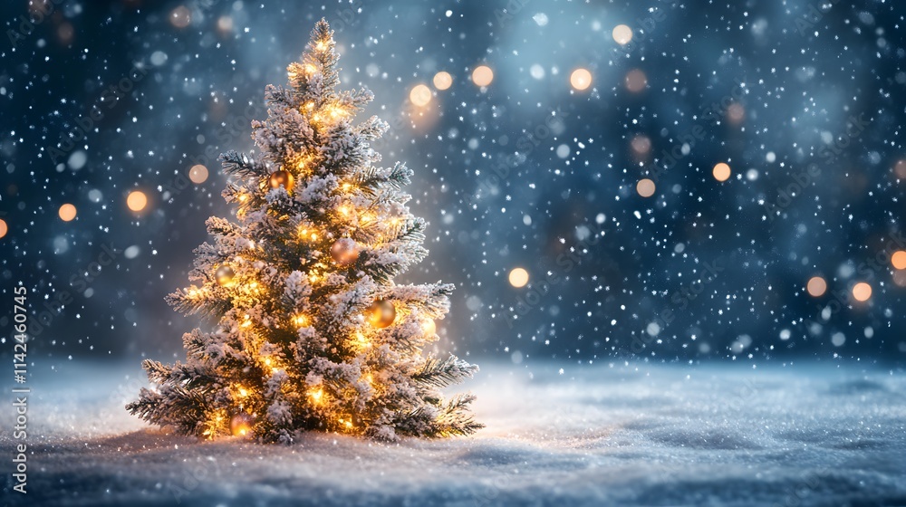 Aufkleber a front view of a glowing christmas tree surrounded by softly sparkling snow, with warm light reflec