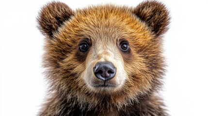 Obraz premium Close-up Portrait of Adorable Brown Bear with Expressive Eyes Against White Background, Capturing the Beauty of Wildlife and Nature in Stunning Detail