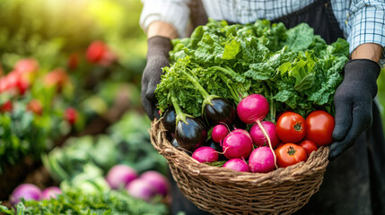 Fresh organic vegetables harvested in basket, showcasing vibrant colors