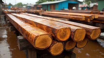 Close-up View of Freshly Cut Timber Logs Stacked Neatly in a Rural Woodworking Site Surrounded by Reflective Water and Colorful Wooden Structures