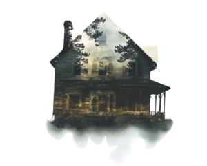 Abandoned house with eerie atmosphere, white isolate background