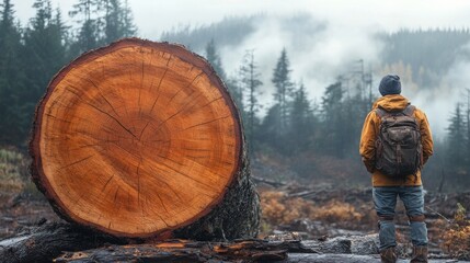 Contemplating Nature's Beauty: Individual Standing by a Freshly Cut Tree Stump in a Misty Forest Landscape with Pine Trees and Fog