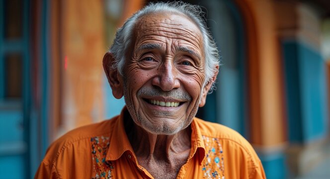 Hispanic elderly man happy wearing orange blouse looking on camera