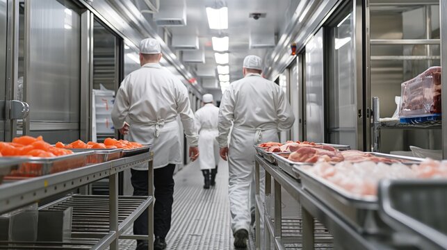 Chefs in uniforms walking through a commercial kitchen with stainless steel counters and trays of meat.