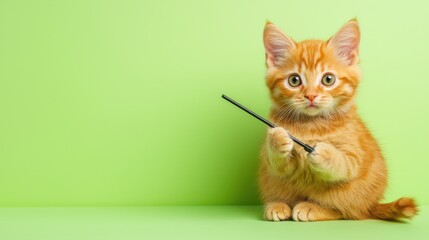 Cute Ginger Kitten Sitting on Green Background with Curious Expression