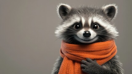 Obraz premium Adorable raccoon wearing a cozy orange scarf. Smiling and happy!
