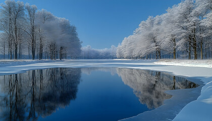 Frozen lake reflecting snow-covered trees, winter landscape, serene nature scene, ideal for calendars.