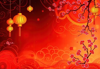 Chinese New Year Perfect Background - Chinese New Year Greeting Card - New Design - Lanterns - Elements of Chinese tradition - Colors of Chinese culture - Flowers - Perfect Any Project