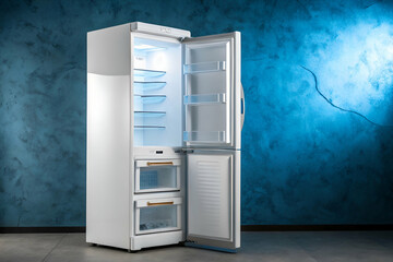 A modern refrigerator with an open door, showcasing its spacious interior against a stylish blue background.