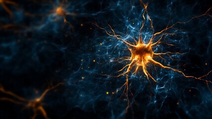 Intricate neuron network. A mesmerizing digital illustration of a neuron, showcasing its complex structure and connections.