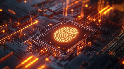 Obraz premium A biometric microchip design with glowing pathways and a central fingerprint emblem, representing advanced data security