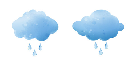 Vector clouds with raindrops. Watercolor set, isolated on white