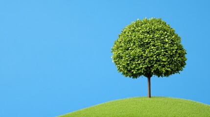 Solitary Tree on Hill: A vibrant green, perfectly formed tree stands alone atop a gentle green hill against a clear, bright blue sky. This minimalist image evokes a sense of peace, new beginnings.