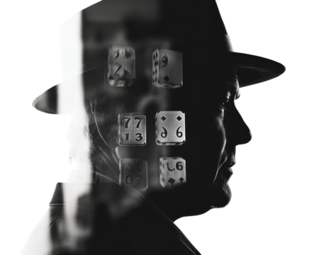 Silhouette of a man with abstract thoughts and concepts in the background.