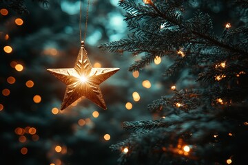 A beautifully illuminated Christmas tree features a shimmering star ornament, radiating festive cheer against a backdrop of twinkling lights.