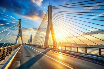 Fototapeta premium Cablestayed Bridge, Automotive Cable-Stayed Bridge, Car Bridge, Highway Bridge, Suspension Bridge, Modern Bridge Architecture, Civil Engineering, Infrastructure, Transportation, Road Bridge, 
