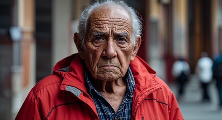 Hispanic elderly man serious wearing red jacket looking on camera