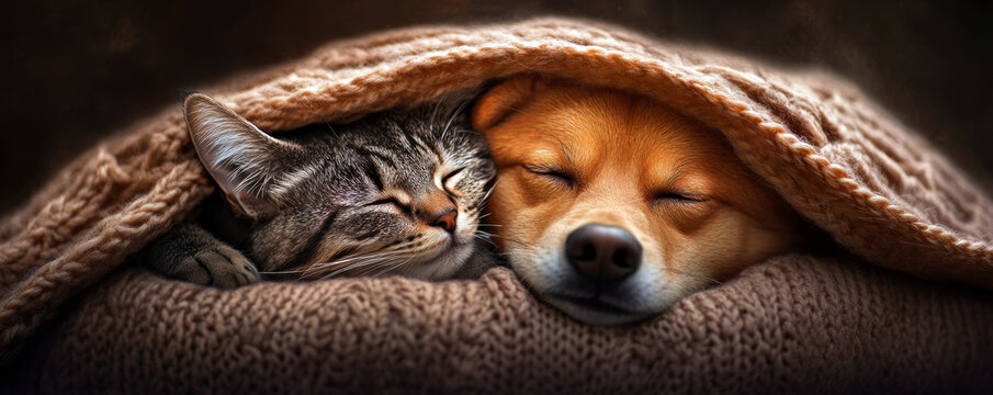 A heartwarming scene of a cat and a dog peacefully sleeping together under a knitted blanket, showcasing the beauty of relaxation and companionship in the animal kingdom.