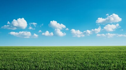 Obraz premium Vast Open Grassy Meadow Under Bright Blue Sky with Fluffy White Clouds Scenic Landscape
