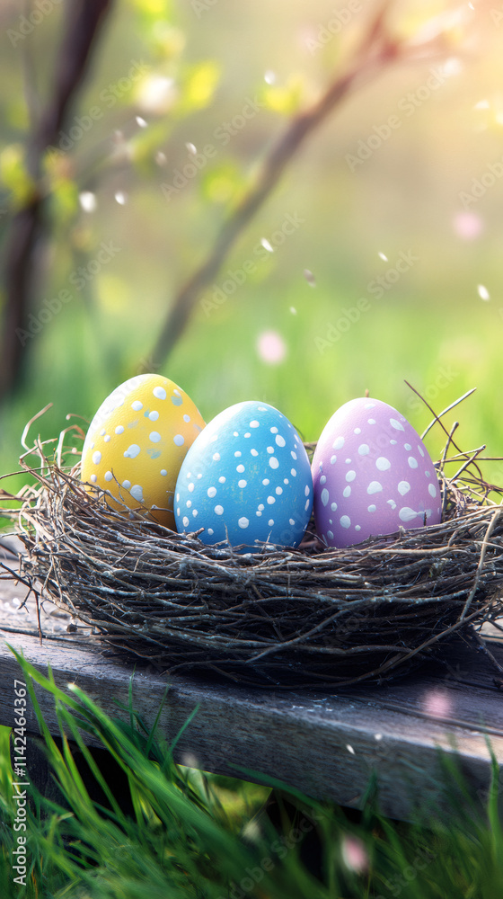 Aufkleber colorful easter eggs nestled in a bird's nest evoke the spirit of spring and new beginnings in a ser