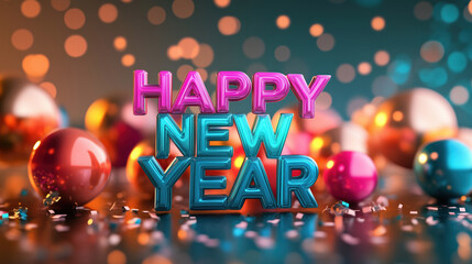 Happy New Year text colorful balloons confetti blue background festive seasonal background holiday backdrop marketing banner card fuchsia blue purple orange yellow reflection bokeh
