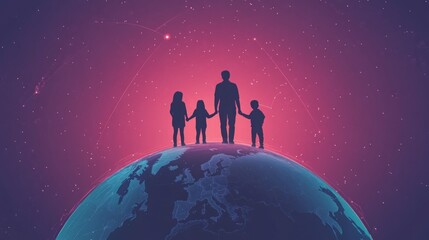 Obraz premium Family silhouette on a globe, a symbol of global connection and family unity.