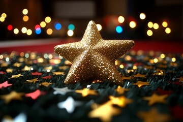 A festive star-shaped ornament rests on a table adorned with numerous smaller stars, capturing the essence of Christmas cheer and celebration.